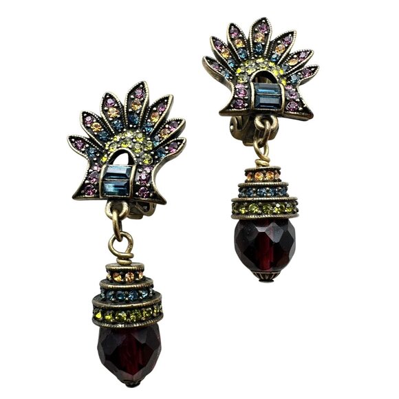 Heidi Daus Purple Multicolor Crystal Bead Bronze Clip Earrings Chandelier 2 Inch - Picture 1 of 3